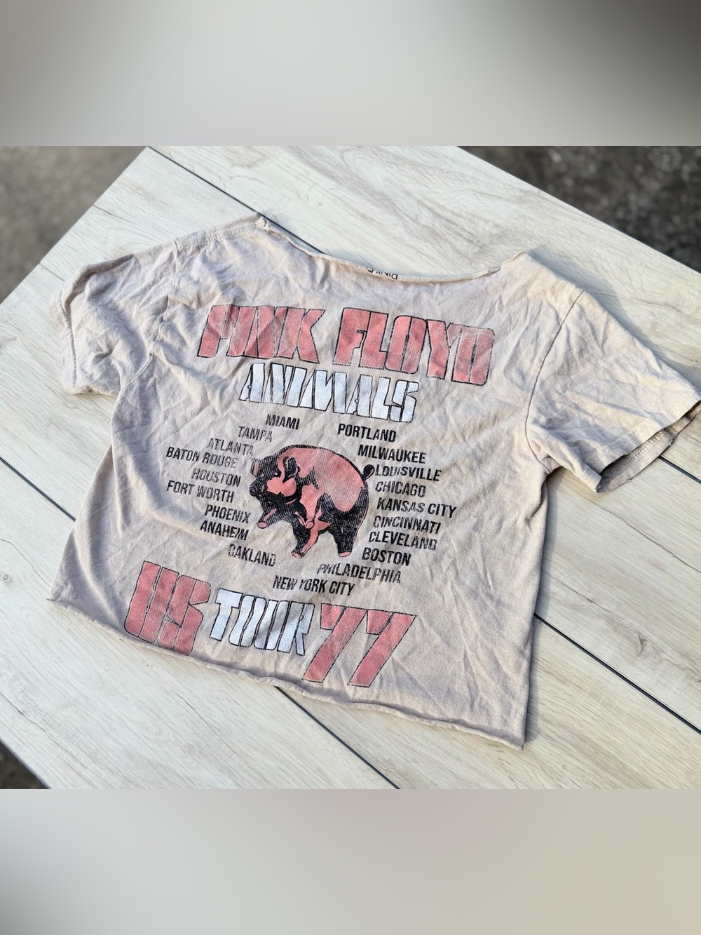 Pink Floyd Distressed Graphic Band Tee XS Cropped Wide Neck One Shoulder NWOT - Picture 3 of 10
